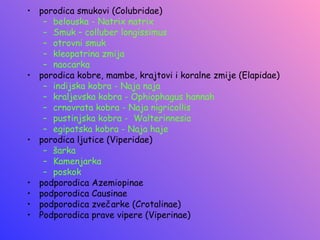 • porodica smukovi (Colubridae)
   – belouska - Natrix natrix
   – Smuk – colluber longissimus
   – otrovni smuk
   – kleopatrina zmija
   – naocarka
• porodica kobre, mambe, krajtovi i koralne zmije (Elapidae)
   – indijska kobra - Naja naja
   – kraljevska kobra - Ophiophagus hannah
   – crnovrata kobra - Naja nigricollis
   – pustinjska kobra - Walterinnesia
   – egipatska kobra - Naja haje
• porodica ljutice (Viperidae)
   – šarka
   – Kamenjarka
   – poskok
• podporodica Azemiopinae
• podporodica Causinae
• podporodica zvečarke (Crotalinae)
• Podporodica prave vipere (Viperinae)
 