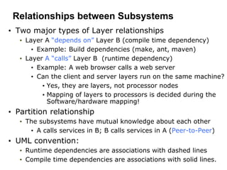 Relationships between Subsystems
• Two major types of Layer relationships
• Layer A “depends on” Layer B (compile time dependency)
• Example: Build dependencies (make, ant, maven)
• Layer A “calls” Layer B (runtime dependency)
• Example: A web browser calls a web server
• Can the client and server layers run on the same machine?
• Yes, they are layers, not processor nodes
• Mapping of layers to processors is decided during the
Software/hardware mapping!
• Partition relationship
• The subsystems have mutual knowledge about each other
• A calls services in B; B calls services in A (Peer-to-Peer)
• UML convention:
• Runtime dependencies are associations with dashed lines
• Compile time dependencies are associations with solid lines.
 