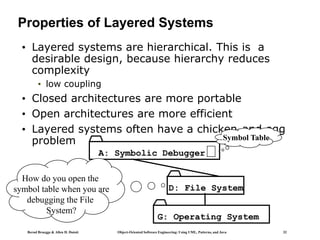 Bernd Bruegge & Allen H. Dutoit Object-Oriented Software Engineering: Using UML, Patterns, and Java 32
• Layered systems are hierarchical. This is a
desirable design, because hierarchy reduces
complexity
• low coupling
• Closed architectures are more portable
• Open architectures are more efficient
• Layered systems often have a chicken-and egg
problem
G: Operating System
D: File System
Properties of Layered Systems
A: Symbolic Debugger
Symbol Table
How do you open the
symbol table when you are
debugging the File
System?
 