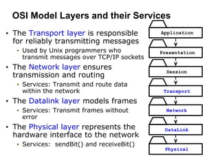 OSI Model Layers and their Services
• The Transport layer is responsible
for reliably transmitting messages
• Used by Unix programmers who
transmit messages over TCP/IP sockets
• The Network layer ensures
transmission and routing
• Services: Transmit and route data
within the network
• The Datalink layer models frames
• Services: Transmit frames without
error
• The Physical layer represents the
hardware interface to the network
• Services: sendBit() and receiveBit()
Application
Presentation
Session
Transport
Network
DataLink
Physical
 