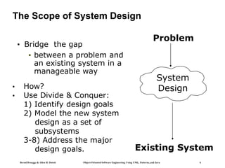Bernd Bruegge & Allen H. Dutoit Object-Oriented Software Engineering: Using UML, Patterns, and Java 6
The Scope of System Design
• Bridge the gap
• between a problem and
an existing system in a
manageable way
Problem
Existing System
System
Design
• How?
• Use Divide & Conquer:
1) Identify design goals
2) Model the new system
design as a set of
subsystems
3-8) Address the major
design goals.
 