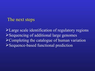 The next steps Large scale identification of regulatory regions Sequencing of additional large genomes Completing the catalogue of human variation Sequence-based functional prediction 