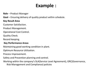 Example :
Role – Product Manager
Goal – Ensuring delivery of quality product within schedule.
Key Result Area
Customer Satisfaction.
Product Management.
Operational Cost Control.
Quality Check.
Record keeping.
Key Performance Areas
Maintaining good working condition in plant.
Optimum Resource Utilization.
Process Improvement.
Safety and Prevention planning and control.
Working within the company’s SLA(Service Level Agreement), GRC(Governance,
Risk Management and Compliance) policies
 