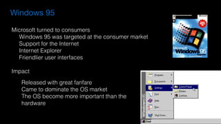 Windows 95
Microsoft turned to consumers
Windows 95 was targeted at the consumer market
Support for the Internet
Internet Explorer
Friendlier user interfaces
Impact
Released with great fanfare
Came to dominate the OS market
The OS become more important than the
hardware
 
