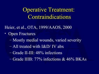 Operative Treatment:
Contraindications
Heier, et al., OTA, 1999/AAOS, 2000
• Open Fractures
– Mostly medial wounds, varied severity
– All treated with I&D/ IV abx
– Grade II-III: 48% infections
– Grade IIIB: 77% infections & 46% BKAs
 