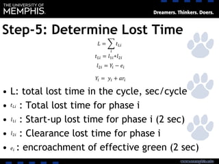 Step-5: Determine Lost Time
• L: total lost time in the cycle, sec/cycle
• : Total lost time for phase i
• : Start-up lost time for phase i (2 sec)
• : Clearance lost time for phase i
• : encroachment of effective green (2 sec)
𝐿 = ෍
𝑖
𝑡 𝐿𝑖
𝑡 𝐿𝑖 = 𝑙1𝑖+𝑙2𝑖
𝑙2𝑖 = 𝑌𝑖 − 𝑒𝑖
𝑌𝑖 = 𝑦𝑖 + 𝑎𝑟𝑖
𝑡 𝐿𝑖
𝑙1𝑖
𝑙2𝑖
𝑒𝑖
 