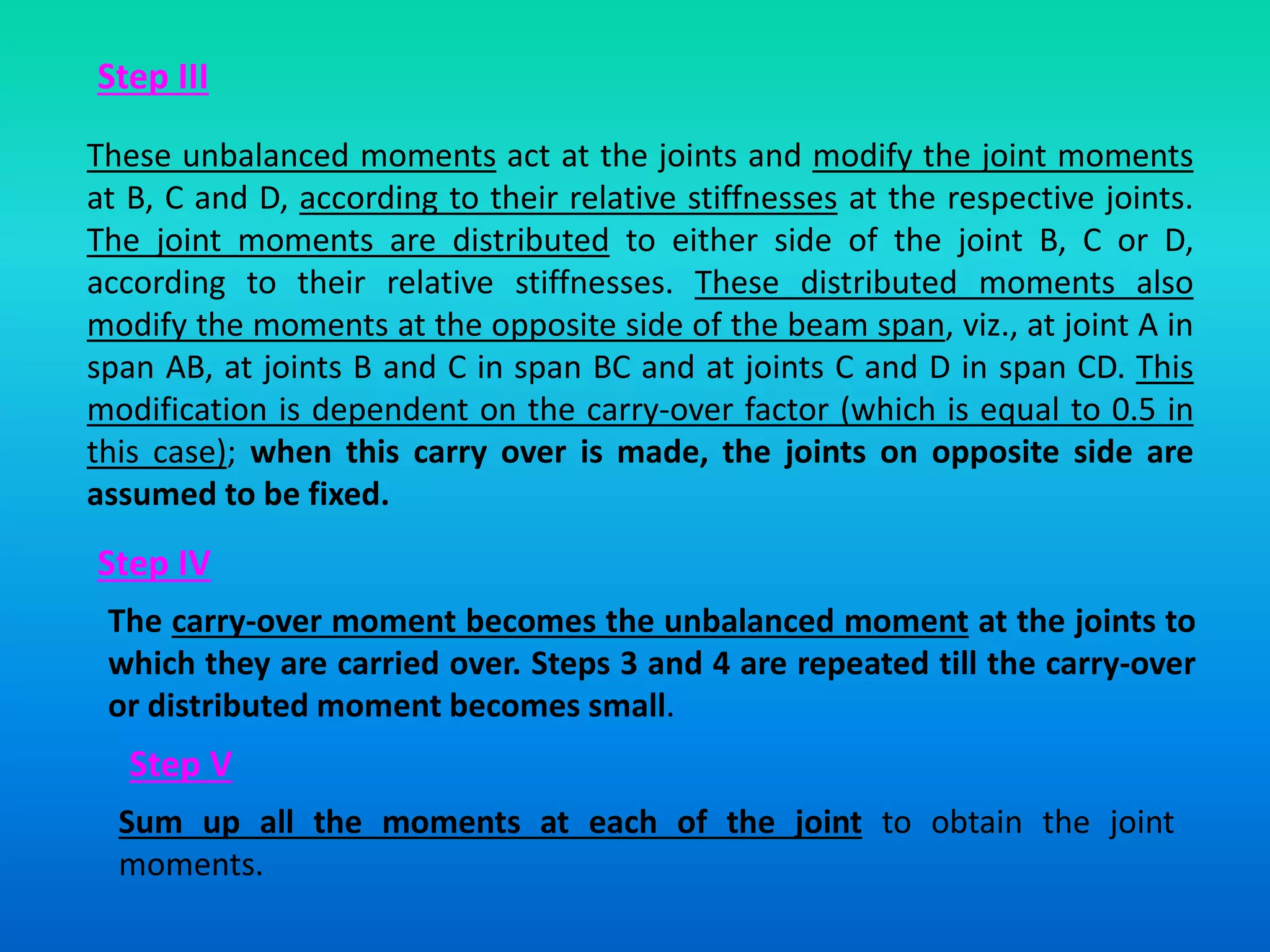 Step III
These unbalanced moments act at the joints and modify the joint moments
at B, C and D, according to their relative stiffnesses at the respective joints.
The joint moments are distributed to either side of the joint B, C or D,
according to their relative stiffnesses. These distributed moments also
modify the moments at the opposite side of the beam span, viz., at joint A in
span AB, at joints B and C in span BC and at joints C and D in span CD. This
modification is dependent on the carry-over factor (which is equal to 0.5 in
this case); when this carry over is made, the joints on opposite side are
assumed to be fixed.
Step IV
The carry-over moment becomes the unbalanced moment at the joints to
which they are carried over. Steps 3 and 4 are repeated till the carry-over
or distributed moment becomes small.
Step V
Sum up all the moments at each of the joint to obtain the joint
moments.
 
