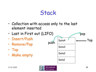 Stack
•  Collection with access only to the last
element inserted
•  Last in First out (LIFO)
•  Insert/Push
•  Remove/Pop
•  Top
•  Make empty
TopData4
Data3
Data2
Data1
push
pop
31-01-2020 10
 