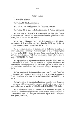 – 2 –
Article unique
L’Assemblée nationale,
Vu l’article 88-4 de la Constitution,
Vu l’article 151-5 du Règlement de l’Ass...