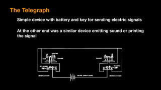 The Telegraph
Simple device with battery and key for sending electric signals
At the other end was a similar device emitting sound or printing
the signal
 
