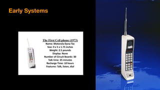 The First Cell phone (1973)
Name:	Motorola	Dyna-Tac 
Size:	9	x	5	x	1.75	inches 
Weight:	2.5	pounds 
Display:	None 
Number	of	Circuit	Boards:	30 
Talk	time:	35	minutes 
Recharge	Time:	10	hours 
Features:	Talk,	listen,	dial
Early Systems
 