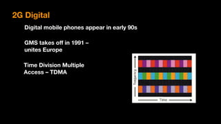 Digital mobile phones appear in early 90s
GMS takes off in 1991 –  
unites Europe
Time Division Multiple  
Access – TDMA 
2G Digital
 