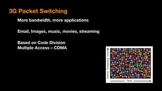 More bandwidth, more applications
Email, Images, music, movies, streaming
Based on Code Division 
Multiple Access – CDMA
3G Packet Switching
 