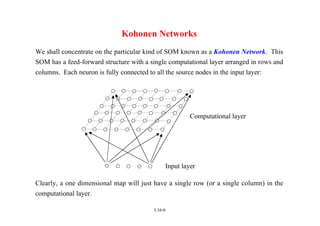 L16-6
Kohonen Networks
We shall concentrate on the particular kind of SOM known as a Kohonen Network. This
SOM has a feed-forward structure with a single computational layer arranged in rows and
columns. Each neuron is fully connected to all the source nodes in the input layer:
Clearly, a one dimensional map will just have a single row (or a single column) in the
computational layer.
Input layer
Computational layer
 
