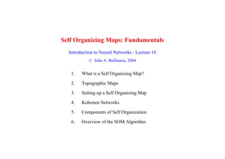 Self Organizing Maps: Fundamentals
Introduction to Neural Networks : Lecture 16
© John A. Bullinaria, 2004
1. What is a Self Organizing Map?
2. Topographic Maps
3. Setting up a Self Organizing Map
4. Kohonen Networks
5. Components of Self Organization
6. Overview of the SOM Algorithm
 