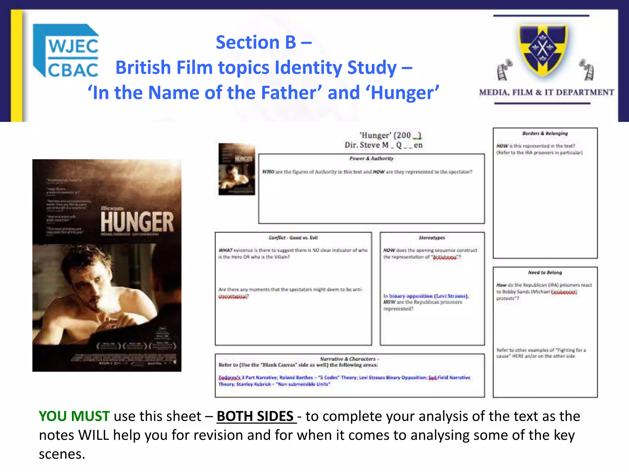 Section B –
British Film topics Identity Study –
‘In the Name of the Father’ and ‘Hunger’
YOU MUST use this sheet – BOTH SIDES - to complete your analysis of the text as the
notes WILL help you for revision and for when it comes to analysing some of the key
scenes.
 