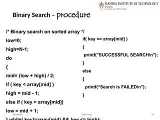 Binary Search – procedure
06/10/2025 CS&E Dept 16
/* Binary search on sorted array */
low=0;
high=N-1;
do
{
mid= (low + high) / 2;
if ( key < array[mid] )
high = mid - 1;
else if ( key > array[mid])
low = mid + 1;
if( key == array[mid] )
{
printf("SUCCESSFUL SEARCHn");
}
else
{
printf(“Search is FAILEDn");
}
 