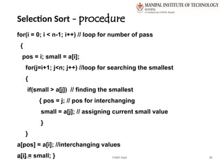 Selection Sort – procedure
06/10/2025 CS&E Dept 28
for(i = 0; i < n-1; i++) // loop for number of pass
{
pos = i; small = a[i];
for(j=i+1; j<n; j++) //loop for searching the smallest
{
if(small > a[j]) // finding the smallest
{ pos = j; // pos for interchanging
small = a[j]; // assigning current small value
}
}
a[pos] = a[i]; //interchanging values
a[i] = small; }
 