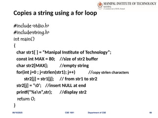 Copies a string using a for loop
#include <stdio.h>
#include<string.h>
int main()
{
char str1[ ] = “Manipal Institute of Technology”;
const int MAX = 80; //size of str2 buffer
char str2[MAX]; //empty string
for(int j=0 ; j<strlen(str1); j++) //copy strlen characters
str2[j] = str1[j]; // from str1 to str2
str2[j] = ‘0’; //insert NULL at end
printf(“%sn”,str); //display str2
return 0;
}
06/10/2025 CSE 1001 Department of CSE 66
 