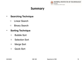 Summary
• Searching Technique
o Linear Search
o Binary Search
• Sorting Technique
o Bubble Sort
o Selection Sort
o Merge Sort
o Quick Sort
06/10/2025 CSE 1001 Department of CSE 79
 