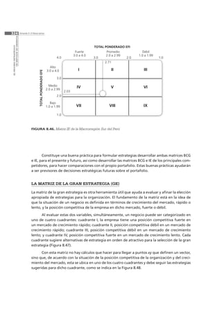 ELPROCESOESTRATÉGICO:
UNENFOQUEDEGERENCIA
324 Fernando A. D’Alessio Ipinza
Constituye una buena práctica para formular estrategias desarrollar ambas matrices BCG
e IE, para el presente y futuro, así como desarrollar las matrices BCG e IE de los principales com-
petidores, para hacer comparaciones con el propio portafolio. Estas buenas prácticas ayudarán
a ser previsores de decisiones estratégicas futuras sobre el portafolio.
LA MATRIZ DE LA GRAN ESTRATEGIA (GE)
La matriz de la gran estrategia es otra herramienta útil que ayuda a evaluar y afinar la elección
apropiada de estrategias para la organización. El fundamento de la matriz está en la idea de
que la situación de un negocio es definida en términos de crecimiento del mercado, rápido o
lento, y la posición competitiva de la empresa en dicho mercado, fuerte o débil.
Al evaluar estas dos variables, simultáneamente, un negocio puede ser categorizado en
uno de cuatro cuadrantes: cuadrante I, la empresa tiene una posición competitiva fuerte en
un mercado de crecimiento rápido; cuadrante II, posición competitiva débil en un mercado de
crecimiento rápido; cuadrante III, posición competitiva débil en un mercado de crecimiento
lento; y cuadrante IV, posición competitiva fuerte en un mercado de crecimiento lento. Cada
cuadrante sugiere alternativas de estrategia en orden de atractivo para la selección de la gran
estrategia (Figura 8.47).
Con esta matriz no hay cálculos que hacer para llegar a puntos xy que definen un vector,
sino que, de acuerdo con la situación de la posición competitiva de la organización y del creci-
miento del mercado, esta se ubica en uno de los cuatro cuadrantes y debe seguir las estrategias
sugeridas para dicho cuadrante, como se indica en la Figura 8.48.
FIGURA 8.46. Matriz IE de la Macrorregión Sur del Perú
TOTAL PONDERADO EFI
TOTALPONDERADOEFE
4.0 3.0 2.0 1.0
3.0
2.0
1.0
Alto
3.0 a 4.0
Medio
2.0 a 2.99
Bajo
1.0 a 1.99
Fuerte
3.0 a 4.0
Promedio
2.0 a 2.99
Débil
1.0 a 1.99
I II III
IV V VI
VII VIII IX
2.03
2.71
 