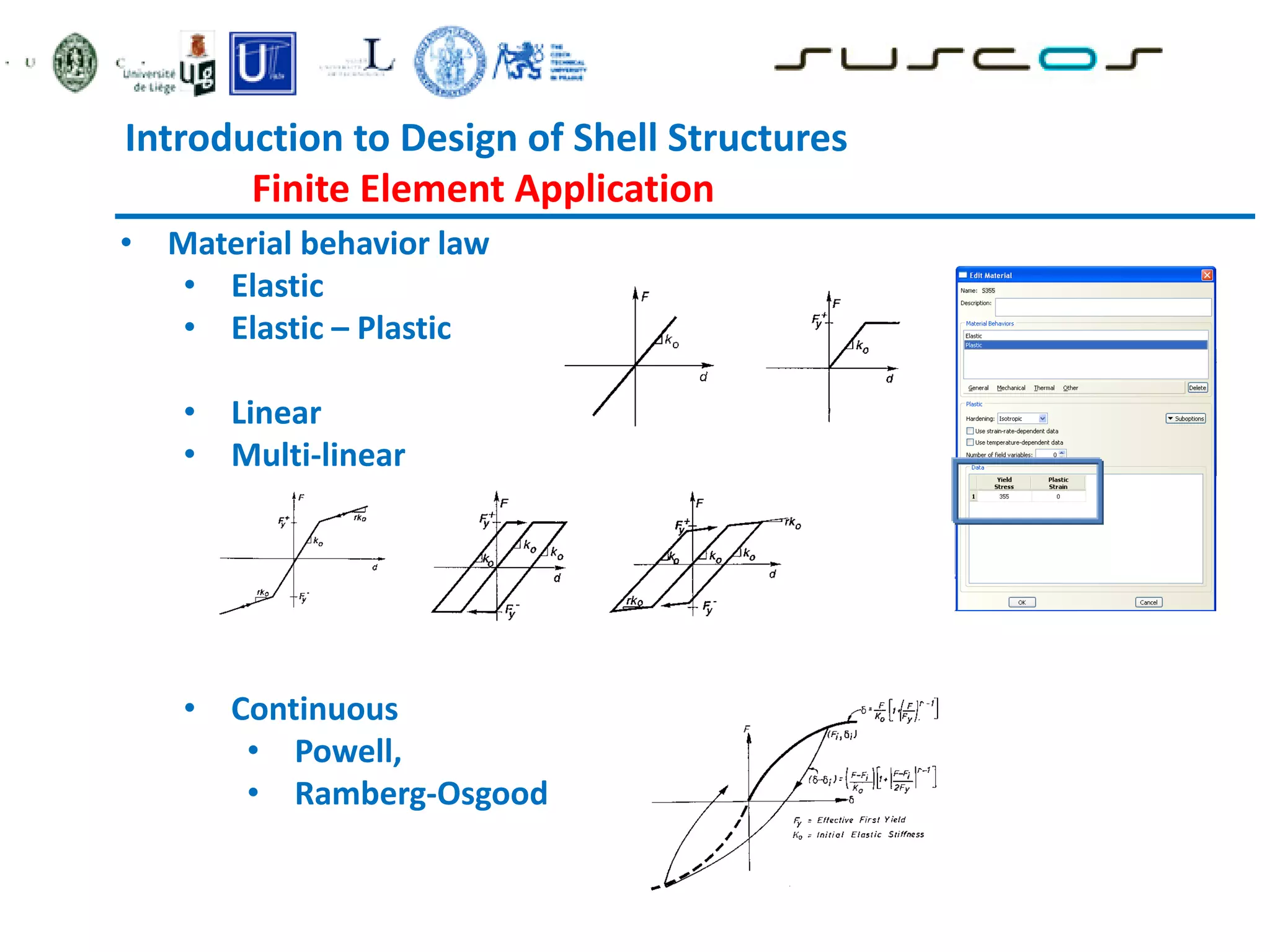 • Material behavior law
• Elastic
• Elastic – Plastic
• Linear
• Multi-linear
• Continuous
• Powell,
• Ramberg-Osgood
Introduction to Design of Shell Structures
Finite Element Application
 