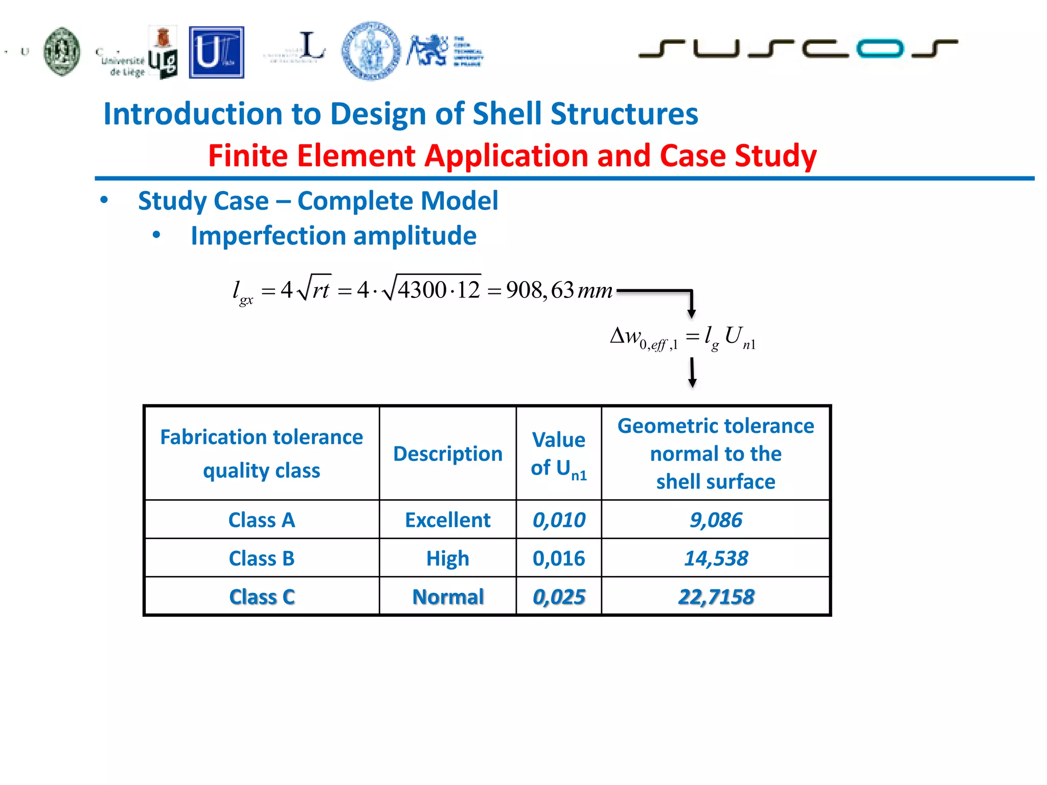 Introduction to Design of Shell Structures
Finite Element Application and Case Study
• Study Case – Complete Model
• Imperfection amplitude
0, ,1 1
eff g n
w l U
 
4 4 4300 12 908,63
gx
l rt mm
    
Fabrication tolerance
quality class
Description
Value
of Un1
Geometric tolerance
normal to the
shell surface
Class A Excellent 0,010 9,086
Class B High 0,016 14,538
Class C Normal 0,025 22,7158
 