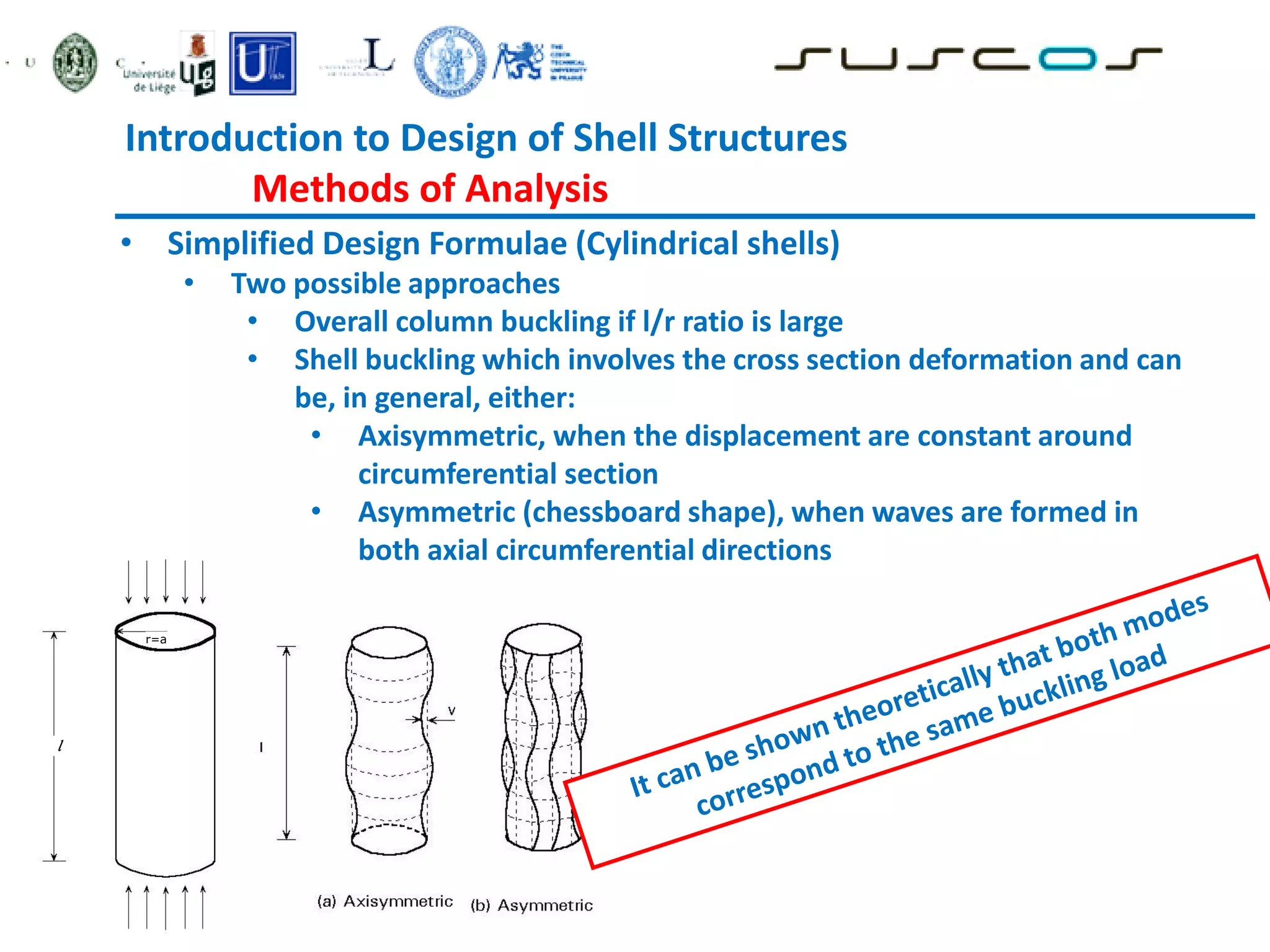 Introduction to Design of Shell Structures
Methods of Analysis
• Simplified Design Formulae (Cylindrical shells)
• Two possible approaches
• Overall column buckling if l/r ratio is large
• Shell buckling which involves the cross section deformation and can
be, in general, either:
• Axisymmetric, when the displacement are constant around
circumferential section
• Asymmetric (chessboard shape), when waves are formed in
both axial circumferential directions
r=a
l
 