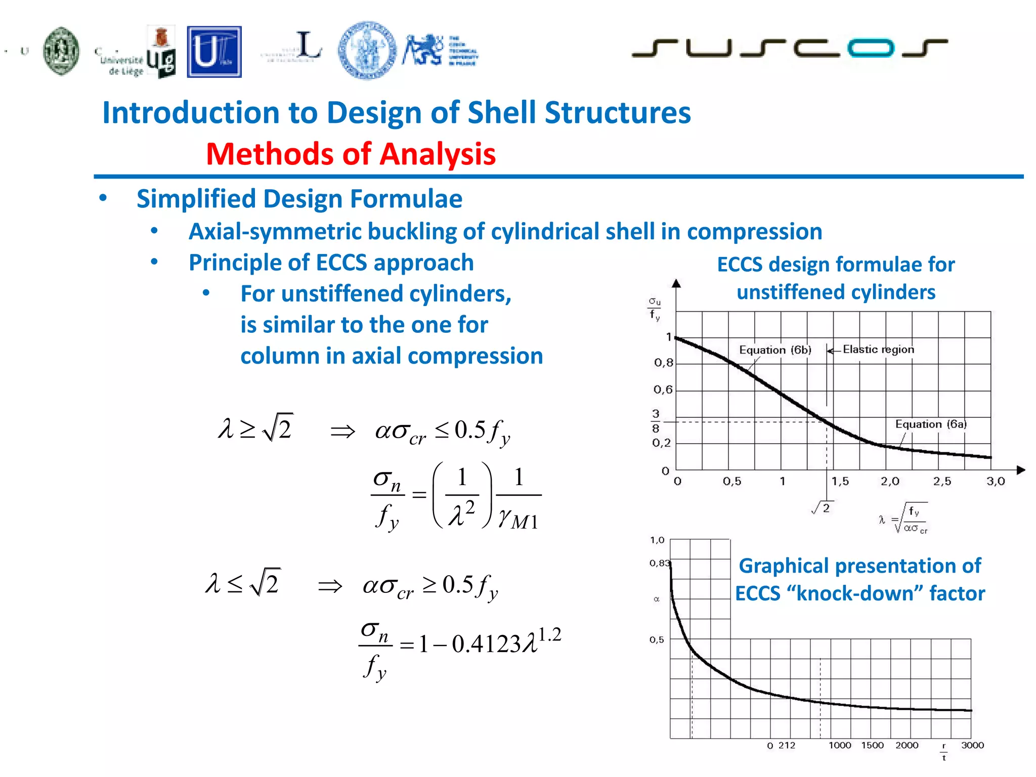 Introduction to Design of Shell Structures
Methods of Analysis
• Simplified Design Formulae
• Axial-symmetric buckling of cylindrical shell in compression
• Principle of ECCS approach
• For unstiffened cylinders,
is similar to the one for
column in axial compression
2
1
2 0.5
1 1
cr y
n
y M
f
f


 


 
 
  
 

1.2
2 0.5
1 0.4123
cr y
n
y
f
f

 


 
 

Graphical presentation of
ECCS “knock-down” factor
ECCS design formulae for
unstiffened cylinders
 