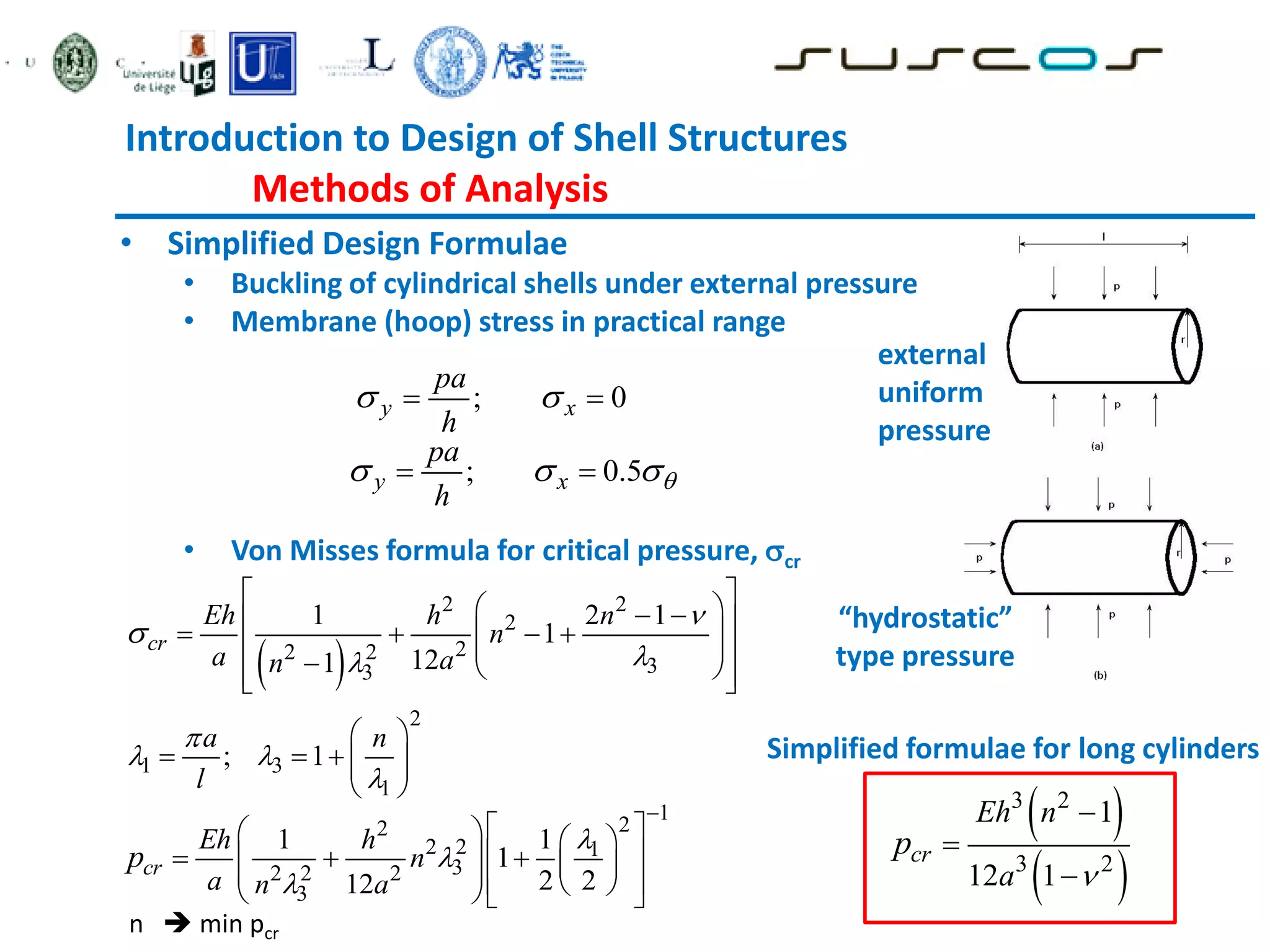 Introduction to Design of Shell Structures
Methods of Analysis
• Simplified Design Formulae
• Buckling of cylindrical shells under external pressure
• Membrane (hoop) stress in practical range
• Von Misses formula for critical pressure, cr
; 0
y x
pa
h
 
 
; 0.5
y x
pa
h

  
 
 
2 2
2
2
2 2
3
3
2
1 3
1
1 2 1
1
12
1
; 1
cr
Eh h n
n
a a
n
a n
l




 


 
 
 
 
   
 
 
 
  
 
 
 
    
 
 
1
2
2
2 2 1
3
2 2 2
3
1 1
1
2 2
12
cr
Eh h
n
a n a
p




 
   
 
  
   
  
 
  
n  min pcr
Simplified formulae for long cylinders
 
 
3 2
3 2
1
12 1
cr
Eh n
a
p




external
uniform
pressure
“hydrostatic”
type pressure
 