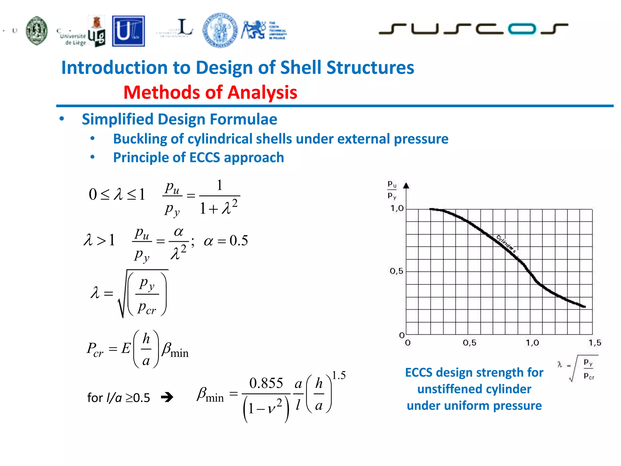 Introduction to Design of Shell Structures
Methods of Analysis
• Simplified Design Formulae
• Buckling of cylindrical shells under external pressure
• Principle of ECCS approach
2
; 0.5
1 u
y
p
p




 

2
1
0 1
1
u
y
p
p



 

y
cr
p
p

 
 
 
 

min
cr
h
P E
a

 
  
 
 
1.5
min 2
0.855
1
a h
l a


 
  
 

for l/a0.5 
ECCS design strength for
unstiffened cylinder
under uniform pressure
 