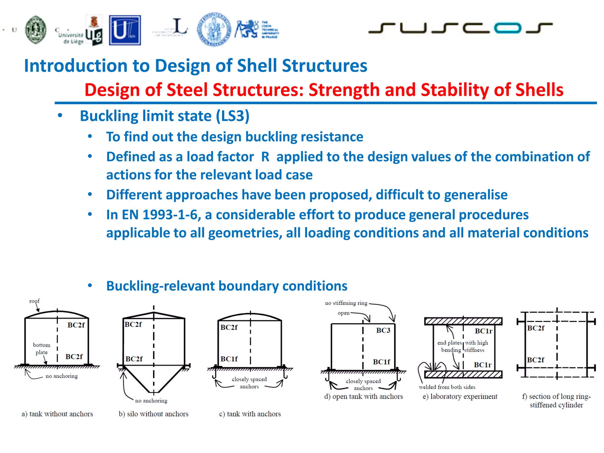 • Buckling limit state (LS3)
• To find out the design buckling resistance
• Defined as a load factor R applied to the design values of the combination of
actions for the relevant load case
• Different approaches have been proposed, difficult to generalise
• In EN 1993-1-6, a considerable effort to produce general procedures
applicable to all geometries, all loading conditions and all material conditions
• Buckling-relevant boundary conditions
Introduction to Design of Shell Structures
Design of Steel Structures: Strength and Stability of Shells
 