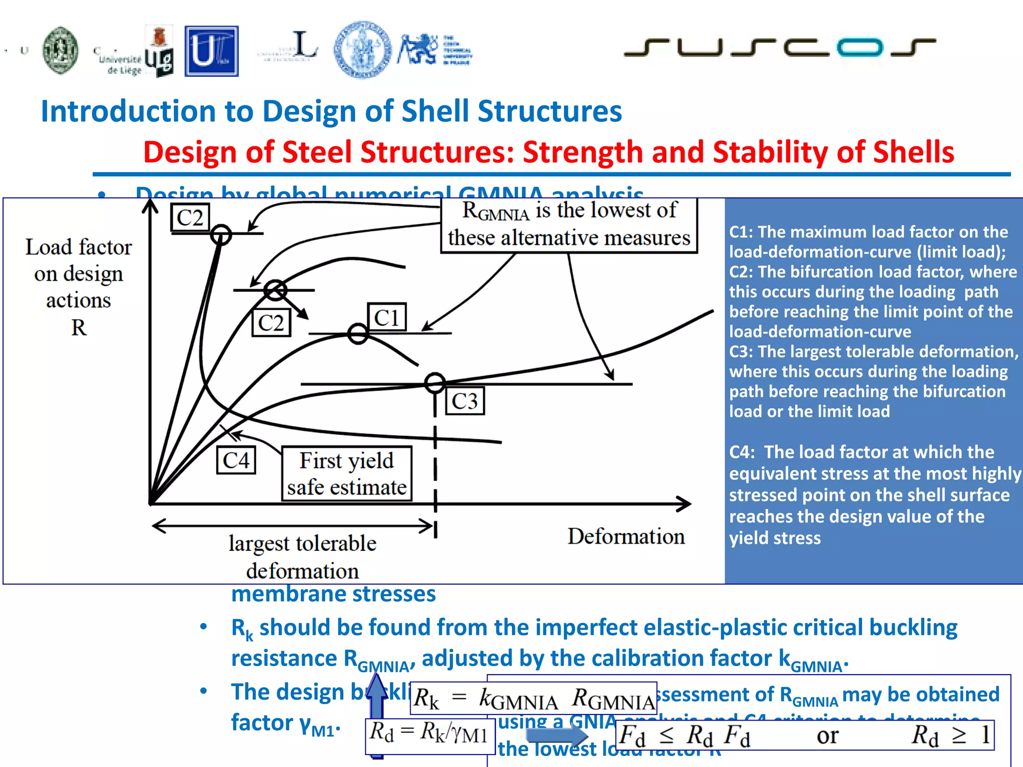 • Design by global numerical GMNIA analysis
• Developed to exploit the full power of modern numerical analysis
• Application is more complex than for frame or plated structures
• Several sequence of analysis:
• LA followed by a LBA to evaluate elastic critical buckling resistance
• GMNA to identify the elastic-plastic buckling resistance of the perfect
structure
• GMNIA with different imperfection modes (the lowest value is selected)
• Check the precision of the GMNIA by comparison with test or other
relevant data
• Methodology
• Action combinations causing compressive membrane stresses or shear
membrane stresses
• Rk should be found from the imperfect elastic-plastic critical buckling
resistance RGMNIA, adjusted by the calibration factor kGMNIA.
• The design buckling resistance Rd should then be found using the partial
factor γM1.
C1: The maximum load factor on the
load-deformation-curve (limit load);
C2: The bifurcation load factor, where
this occurs during the loading path
before reaching the limit point of the
load-deformation-curve
C3: The largest tolerable deformation,
where this occurs during the loading
path before reaching the bifurcation
load or the limit load
C4: The load factor at which the
equivalent stress at the most highly
stressed point on the shell surface
reaches the design value of the
yield stress
A conservative assessment of RGMNIA may be obtained
using a GNIA analysis and C4 criterion to determine
the lowest load factor R
Introduction to Design of Shell Structures
Design of Steel Structures: Strength and Stability of Shells
 