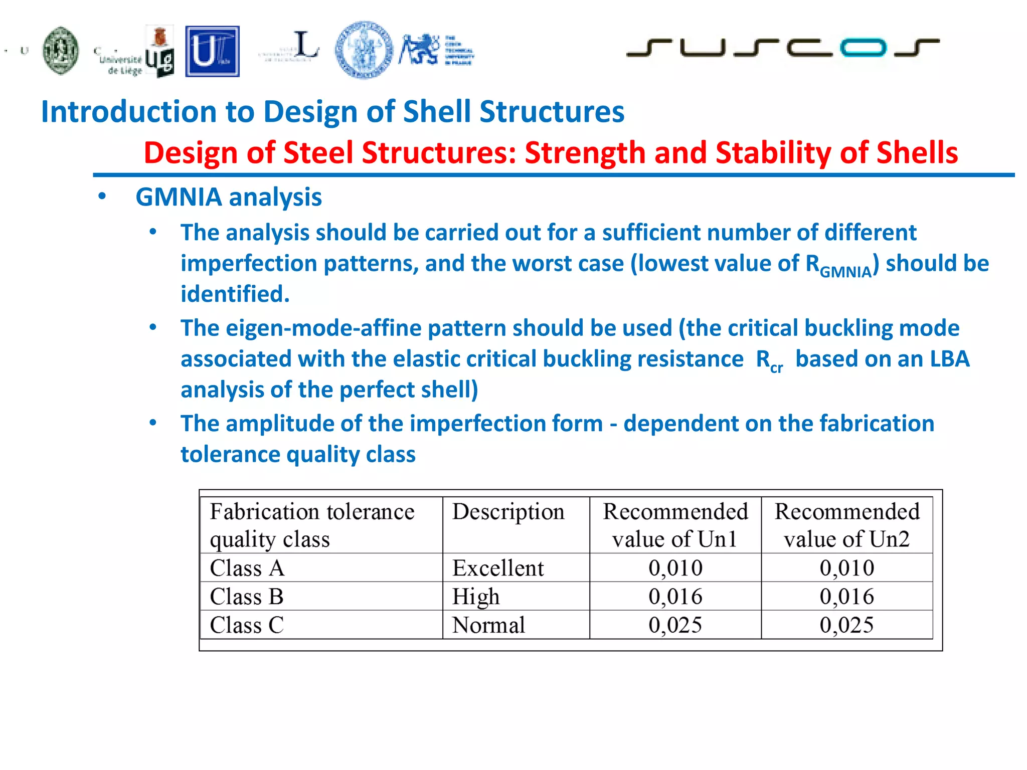 • GMNIA analysis
• The analysis should be carried out for a sufficient number of different
imperfection patterns, and the worst case (lowest value of RGMNIA) should be
identified.
• The eigen-mode-affine pattern should be used (the critical buckling mode
associated with the elastic critical buckling resistance Rcr based on an LBA
analysis of the perfect shell)
• The amplitude of the imperfection form - dependent on the fabrication
tolerance quality class
Introduction to Design of Shell Structures
Design of Steel Structures: Strength and Stability of Shells
 