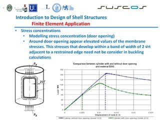 • Stress concentrations
• Modelling stress concentration (door opening)
• Around door opening appear elevated values of the membrane
stresses. This stresses that develop within a band of width of 2 √rt
adjacent to a restrained edge need not be consider in buckling
calculations
Introduction to Design of Shell Structures
Finite Element Application
 