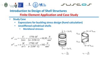 Introduction to Design of Shell Structures
Finite Element Application and Case Study
• Study Case
• Expressions for buckling stress design (hand calculation)
• Unstiffened cylindrical shells
• Meridional stresses
3
, 2
6
, 2 2 2
1770 10
10,92
2 2 2150 12
17702 10
102
2150 12
N x
x Ed
M
x Ed
F N
rt mm
M N
r t mm

 

 

   
 

   
 
 