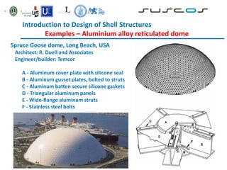 Introduction to Design of Shell Structures
Examples – Aluminium alloy reticulated dome
Spruce Goose dome, Long Beach, USA
Architect: R. Duell and Associates
Engineer/builder: Temcor
A - Aluminum cover plate with silicone seal
B - Aluminum gusset plates, bolted to struts
C - Aluminum batten secure silicone gaskets
D - Triangular aluminum panels
E - Wide-flange aluminum struts
F - Stainless steel bolts
 
