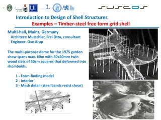 Introduction to Design of Shell Structures
Examples – Timber-steel free form grid shell
Multi-hall, Mainz, Germany
Architect: Mutschler, Frei Otto, consultant
Engineer: Ove Arup
The multi-purpose dome for the 1975 garden
show spans max. 60m with 50x50mm twin
wood slats of 50cm squares that deformed into
rhomboids.
1 - Form-finding model
2 - Interior
3 - Mesh detail (steel bands resist shear)
 