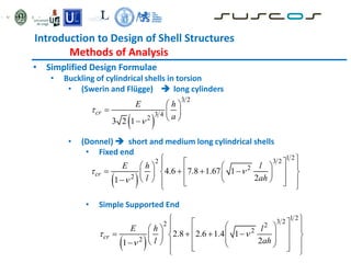 Introduction to Design of Shell Structures
Methods of Analysis
• Simplified Design Formulae
• Buckling of cylindrical shells in torsion
• (Swerin and Flügge)  long cylinders
• (Donnel)  short and medium long cylindrical shells
• Fixed end
• Simple Supported End
 
3 2
3 4
2
3 2 1
cr
E h
a


 
  
 

 
1 2
2 3 2
2
2
4.6 7.8 1.67 1
2
1
cr
E h l
l ah
 

 
 
   
 
 
   
 
   
 
   
  
 
 
 
1 2
3 2
2 2
2
2
2.8 2.6 1.4 1
2
1
cr
E h l
l ah
 

 
 
 
 
   
   
 
 
   
 
 
  
 
 
 
 
 