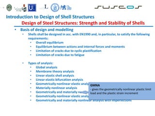 • Basis of design and modelling
• Shells shall be designed in acc. with EN1990 and, in particular, to satisfy the following
requirements:
• Overall equilibrium
• Equilibrium between actions and internal forces and moments
• Limitation of cracks due to cyclic plastification
• Limitation of cracks due to fatigue
• Types of analysis:
• Global analysis
• Membrane theory analysis
• Linear elastic shell analysis
• Linear elastic bifurcation analysis
• Geometrically nonlinear elastic analysis
• Materially nonlinear analysis
• Geometrically and materially nonlinear analysis
• Geometrically nonlinear elastic analysis with imperfections included
• Geometrically and materially nonlinear analysis with imperfections
GMNA
- gives the geometrically nonlinear plastic limit
load and the plastic strain increment
Introduction to Design of Shell Structures
Design of Steel Structures: Strength and Stability of Shells
 