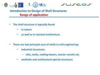 • The shell structure is typically found
• in nature
• as well as in classical architecture.
• There are two principal uses of shells in civil engineering:
• industrial structures:
– silos, tanks, cooling towers, reactor vessels etc.
• aesthetic and architectural special structures
Introduction to Design of Shell Structures
Range of application
 