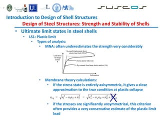 • Ultimate limit states in steel shells
• LS1: Plastic limit
• Types of analysis:
• MNA: often underestimates the strength very considerably
• Membrane theory calculations:
• If the stress state is entirely axisymmetric, it gives a close
approximation to the true condition at plastic collapse
• if the stresses are significantly unsymmetrical, this criterion
often provides a very conservative estimate of the plastic limit
load
Introduction to Design of Shell Structures
Design of Steel Structures: Strength and Stability of Shells
 