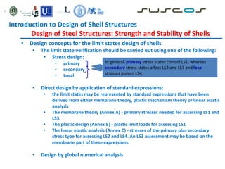 • Design concepts for the limit states design of shells
• The limit state verification should be carried out using one of the following:
• Stress design:
• primary
• secondary
• Local
• Direct design by application of standard expressions:
• the limit states may be represented by standard expressions that have been
derived from either membrane theory, plastic mechanism theory or linear elastic
analysis
• The membrane theory (Annex A) - primary stresses needed for assessing LS1 and
LS3.
• The plastic design (Annex B) - plastic limit loads for assessing LS1
• The linear elastic analysis (Annex C) - stresses of the primary plus secondary
stress type for assessing LS2 and LS4. An LS3 assessment may be based on the
membrane part of these expressions.
• Design by global numerical analysis
may be replaced by stress resultants where
appropriate
In general, primary stress states control LS1, whereas
secondary stress states affect LS2 and LS3 and local
stresses govern LS4.
Introduction to Design of Shell Structures
Design of Steel Structures: Strength and Stability of Shells
 
