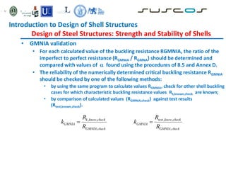 • GMNIA validation
• For each calculated value of the buckling resistance RGMNIA, the ratio of the
imperfect to perfect resistance (RGMNIA / RGMNA) should be determined and
compared with values of  found using the procedures of 8.5 and Annex D.
• The reliability of the numerically determined critical buckling resistance RGMNIA
should be checked by one of the following methods:
• by using the same program to calculate values RGMNIA, check for other shell buckling
cases for which characteristic buckling resistance values Rk,known,check are known;
• by comparison of calculated values (RGMNIA,check) against test results
(Rtest,known,check).
, , , ,
, ,
k know check test know check
GMNIA GMNIA
GMNIA check GMNIA check
R R
k k
R R
 
Introduction to Design of Shell Structures
Design of Steel Structures: Strength and Stability of Shells
 