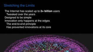 Stretching the Limits
The Internet has scaled up to 2+ billion users
Tweaked over the years
Designed to be simple
Innovation only happens at the edges
The end-to-end principle
Has prevented innovations at its core
 