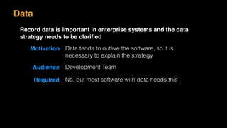 Motivation Data tends to outlive the software, so it is
necessary to explain the strategy
Audience Development Team
Required No, but most software with data needs this
Data
Record data is important in enterprise systems and the data
strategy needs to be clariﬁed
 