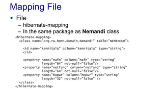 Mapping File
 File
– hibernate-mapping
– In the same package as Nemandi class
<hibernate-mapping>
<class name="org.ru.honn.domain.Nemandi" table="NEMENDUR">
<id name="kennitala" column="kennitala" type="string">
</id>
<property name="nafn" column="nafn" type="string"
length="64" not-null="false"/>
<property name="netfang" column="netfang" type="string"
length="64" not-null="false"/>
<property name="hopur" column="hopur" type="string"
length="32" not-null="false" />
</class>
</hibernate-mapping>
 