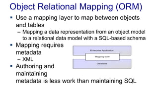 Object Relational Mapping (ORM)
 Use a mapping layer to map between objects
and tables
– Mapping a data representation from an object model
to a relational data model with a SQL-based schema
 Mapping requires
metadata
– XML
 Authoring and
maintaining
metadata is less work than maintaining SQL
 