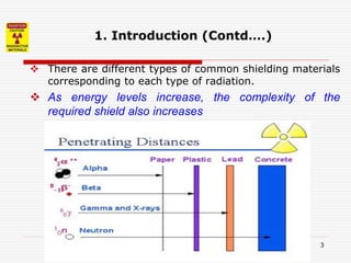 3
 There are different types of common shielding materials
corresponding to each type of radiation.
 As energy levels increase, the complexity of the
required shield also increases
1. Introduction (Contd….)
 