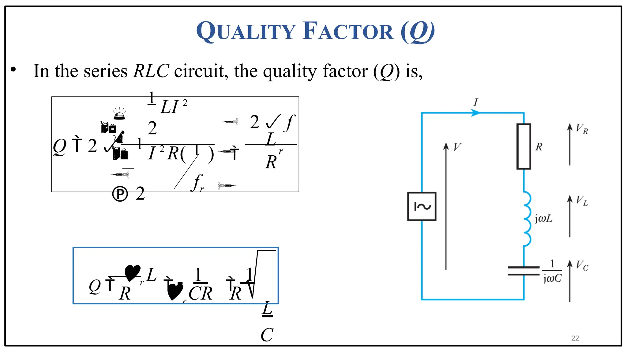 QUALITY FACTOR (Q)
• In the series RLC circuit, the quality factor (Q) is,
1
LI 2
2

1
I 2
R( 1 )

 2
 2 f
L
 r

Q  2
fr
R


 

Q 
r L

1

1
L
C
R r CR R
22
 